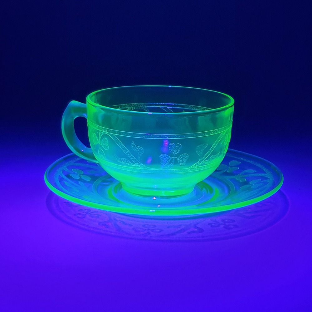Hazel-Atlas Cloverleaf Green Uranium Depression Glass Tea Cup and Saucer Set